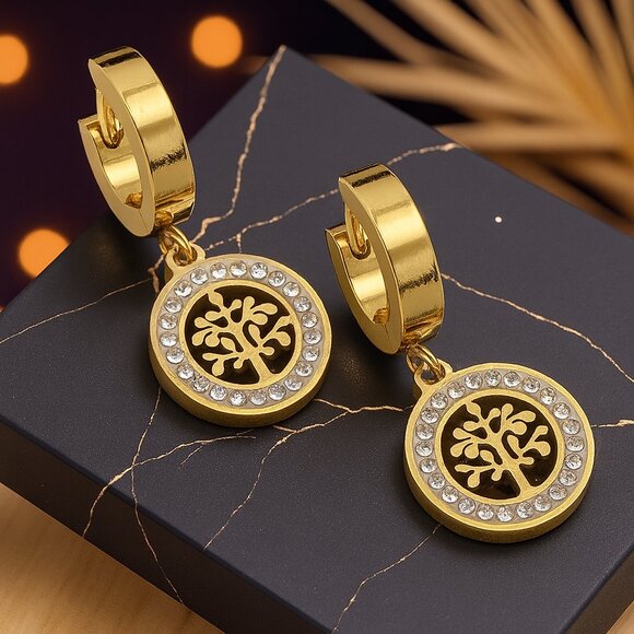 🆕 Tree Of Life 18K Gold Plated Stainless Steel Huggie Dainty Earrings Zirconia - Picture 1 of 12